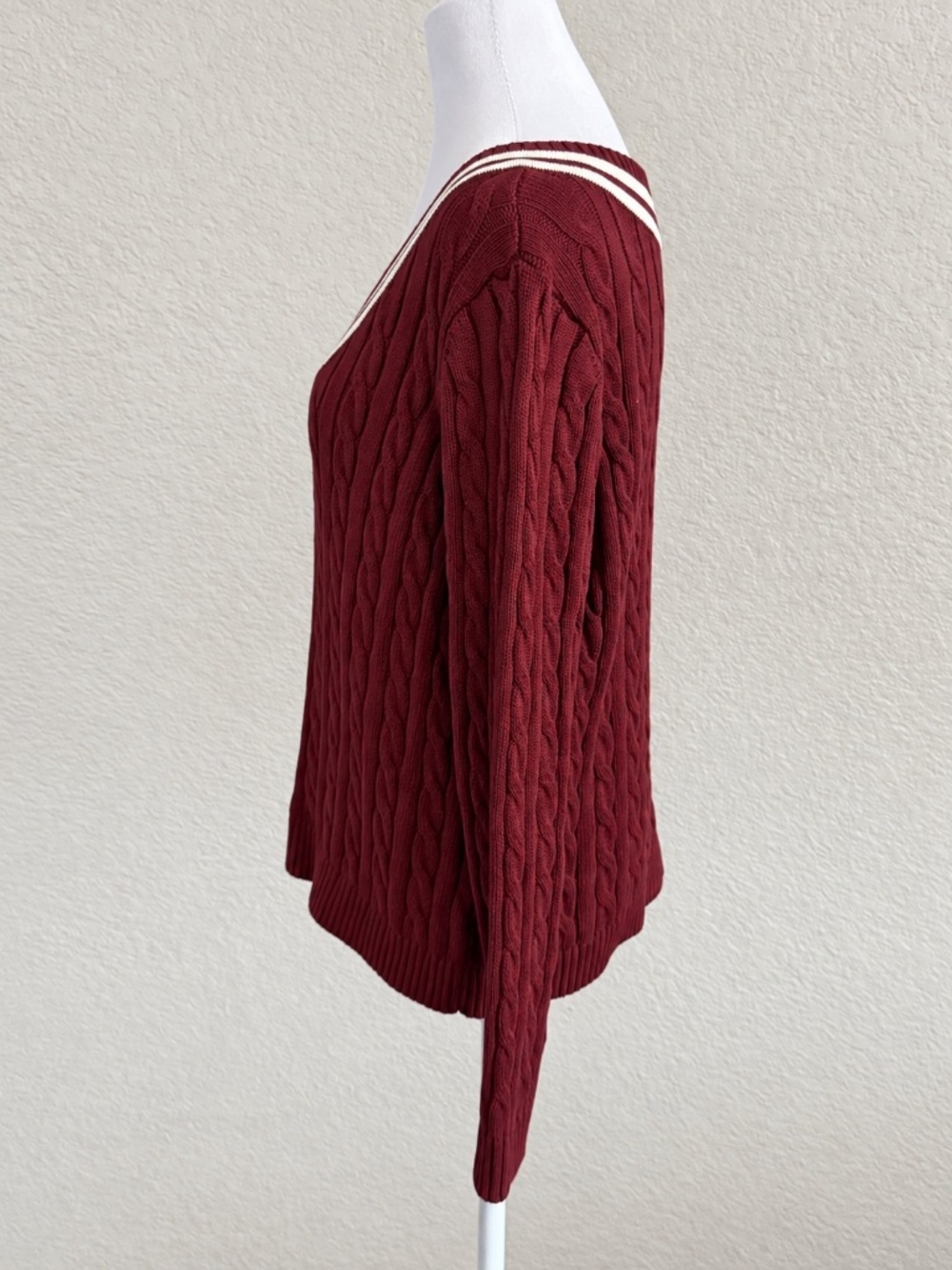 Lands End 100% Cotton Varsity Collegiate Cable Knit Sweater Burgundy SZ Large - Picture 5 of 9